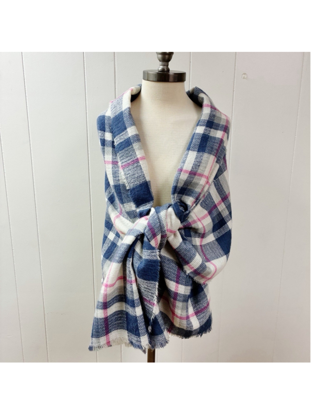 NEW Talbots Blue Pink Plaid Knit Scarf Wrap Shawl Fall Winter Cozy 75” X 26”